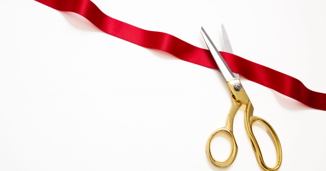 Grand,Opening,,Ribbon,Cut,,Gold,Scissors,Cutting,Red,Satin,Ribbon