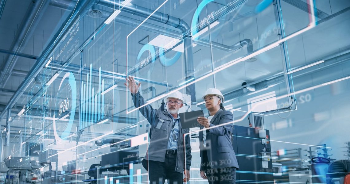 Factory,Digitalization:,Two,Industrial,Engineers,Use,Tablet,Computer,,Visualize,The