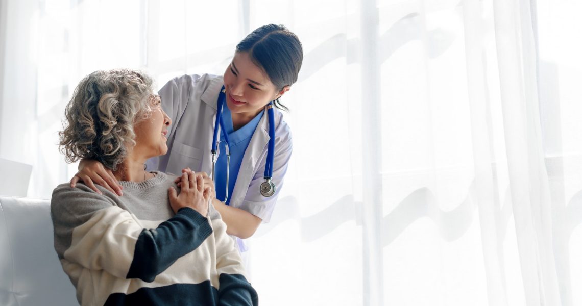 Young,Asian,Caretaker,With,60s,Asia,Elderly,Woman,Consulting,And