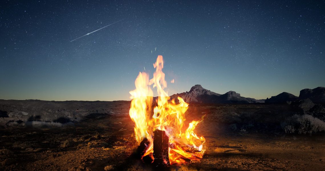 Exploring,The,Wilderness,In,Summer.,A,Glowing,Camp,Fire,At