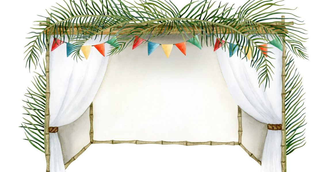 Decorated,Sukkah,With,Palm,Leaves,On,The,Top,And,Festive