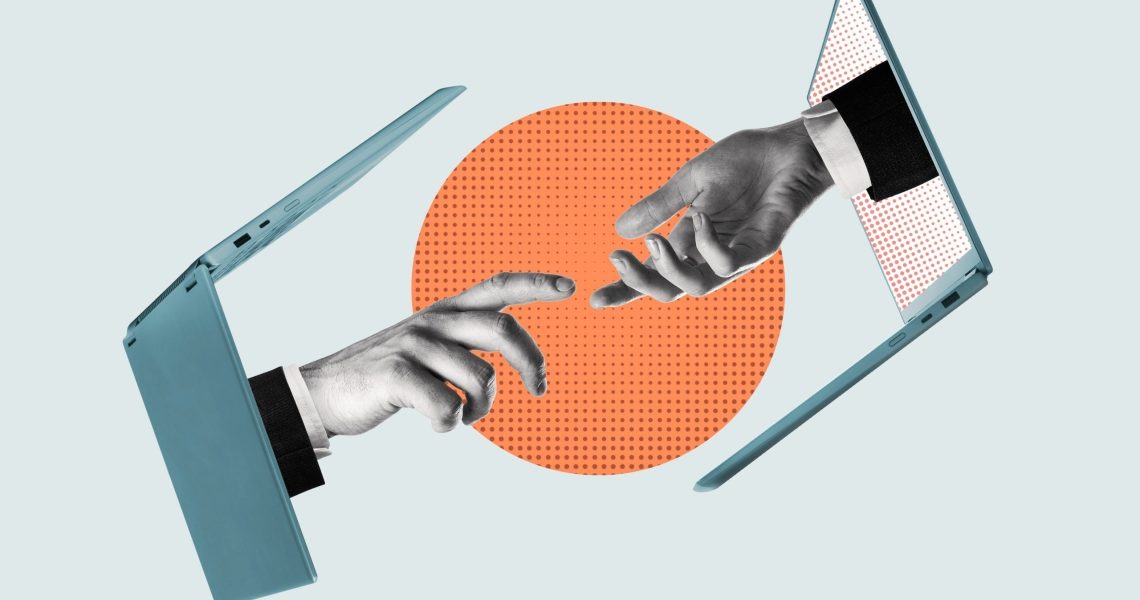 Two,Laptops,And,Two,Outstretched,Hands.,Art,Collage.