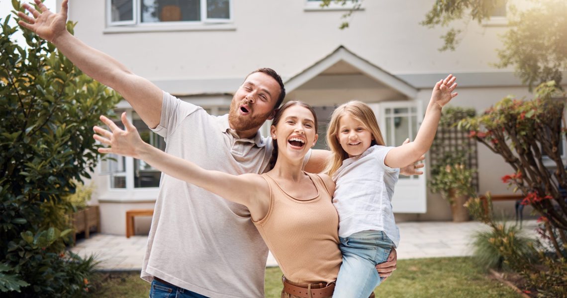 Portrait,,Happy,Family,Or,Kid,In,Backyard,At,New,House,