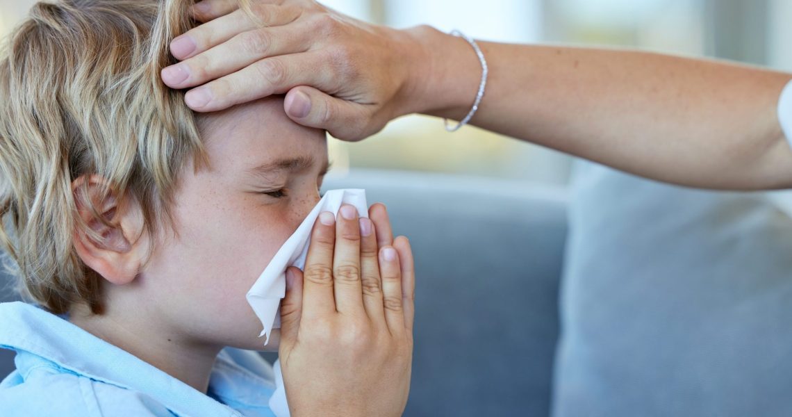 Blowing,Nose,,Child,And,Hand,Of,Mother,For,Fever,With