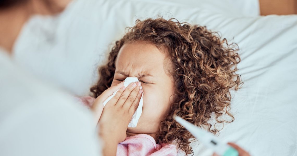 Mom,,Sick,Girl,And,Blowing,Nose,In,Home,,Virus,And