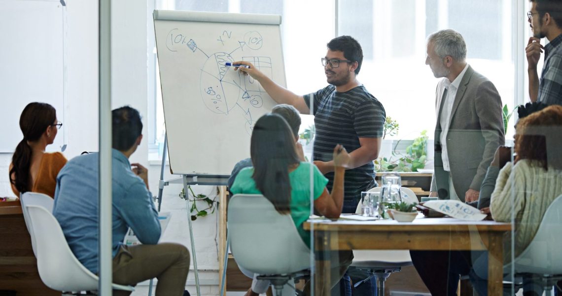 Business,People,,Whiteboard,And,Presentation,In,Office,For,Strategy,,Creative